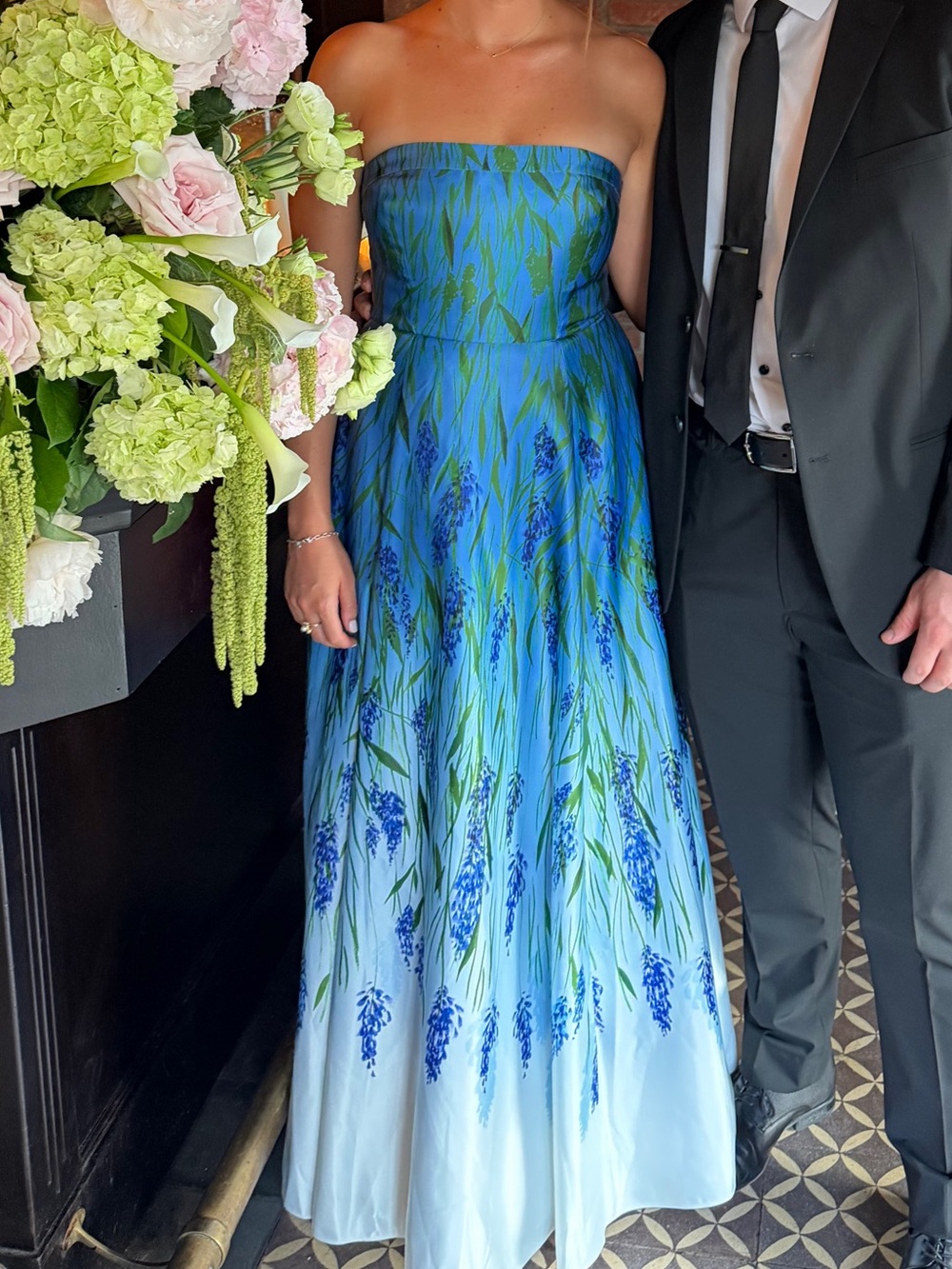 BHLDN KIRA STRAPLESS PRINTED SATIN A-LINE MAXI DRESS in Blue Meadow